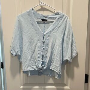 Light Blue Button-Down Blouse with Tie-Front
